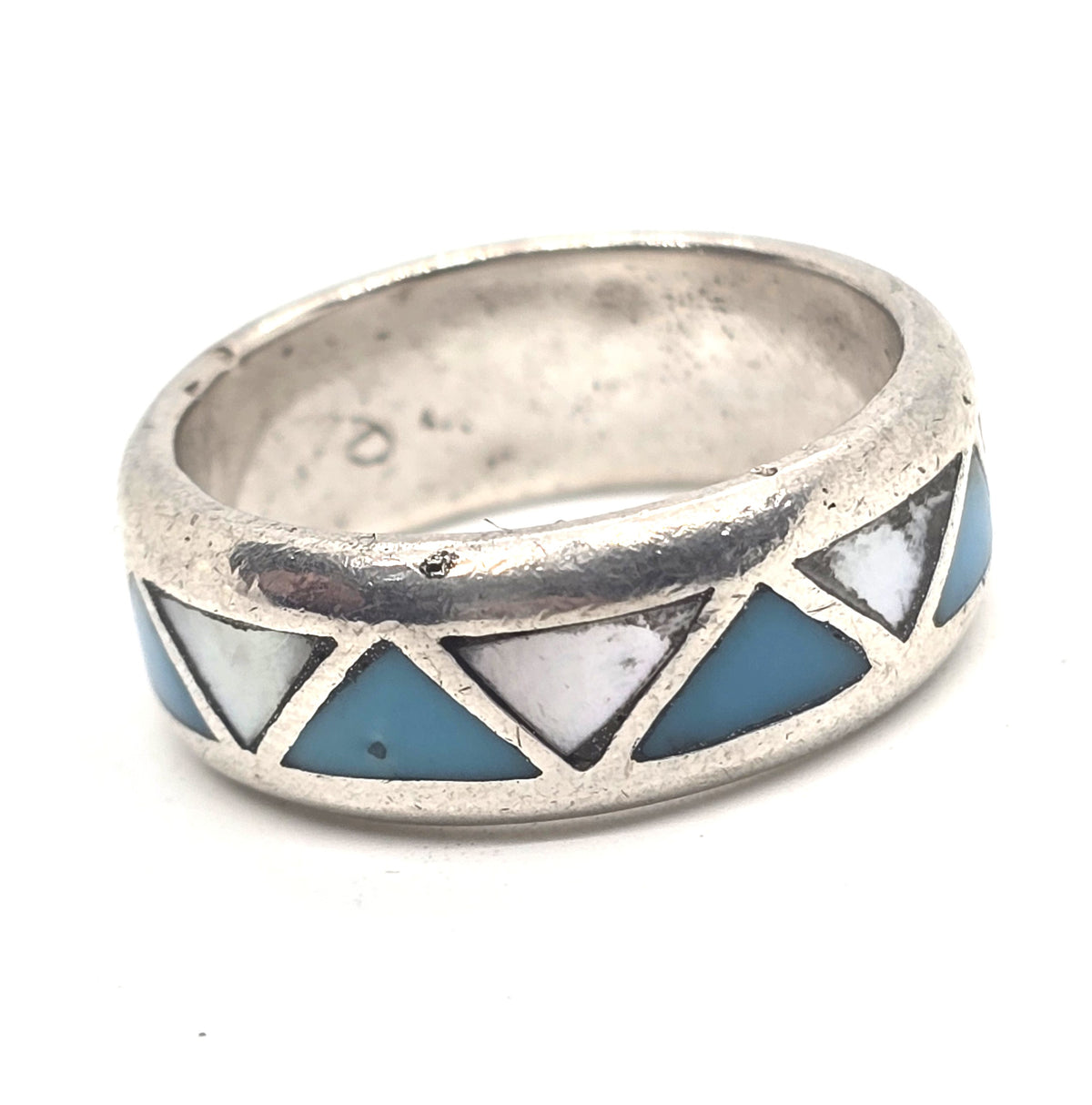 Gemstone Inlay Mother of Pearl Turquoise Chevron Sterling Silver ring band size 8