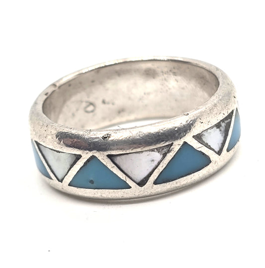 Gemstone Inlay Mother of Pearl Turquoise Chevron Sterling Silver ring band size 8