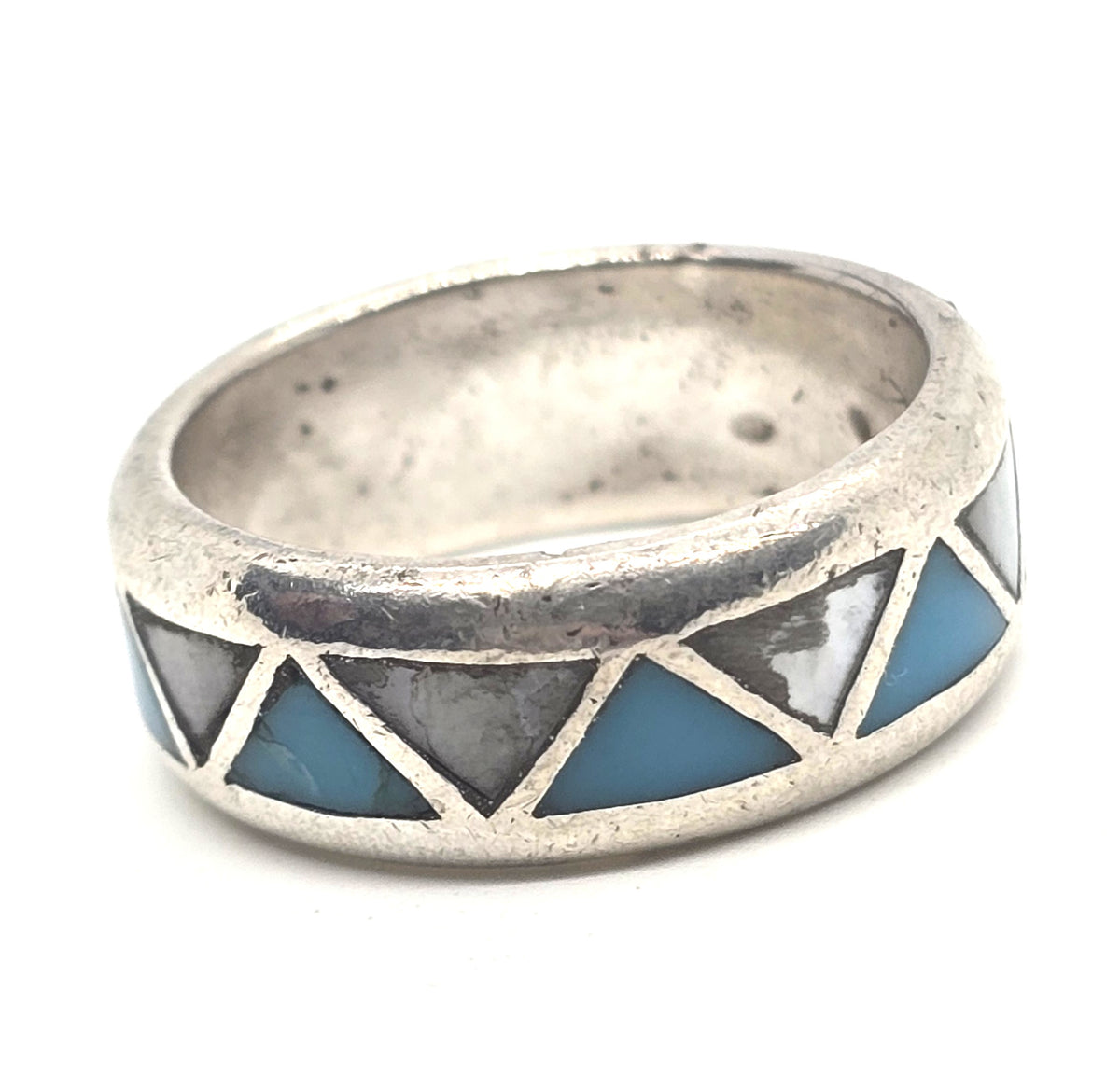 Gemstone Inlay Mother of Pearl Turquoise Chevron Sterling Silver ring band size 8