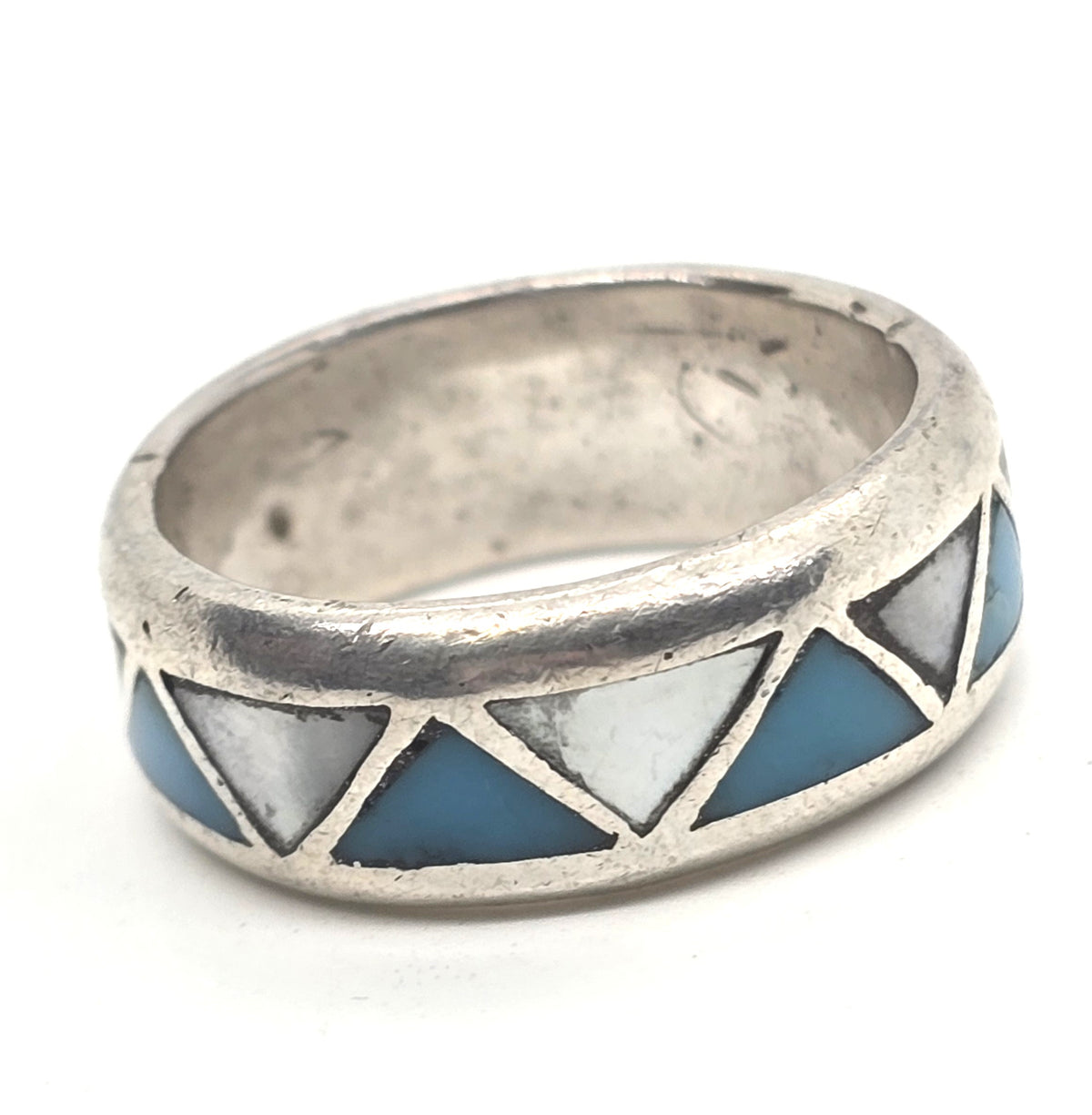 Gemstone Inlay Mother of Pearl Turquoise Chevron Sterling Silver ring band size 8