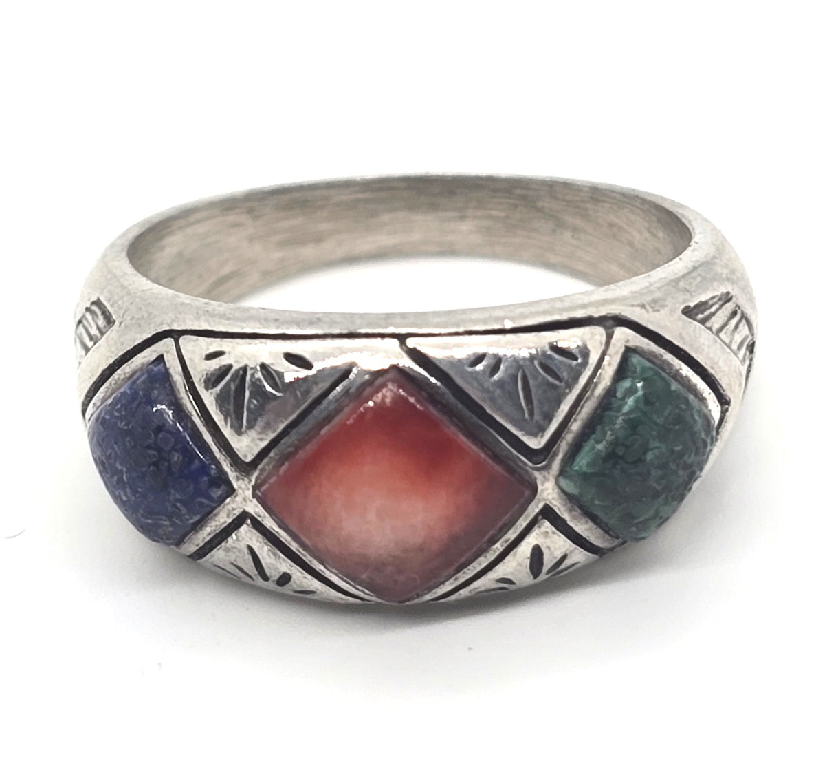 Southwestern multi Gemstone Inlay vintage Sterling Silver ring band size 8 1996