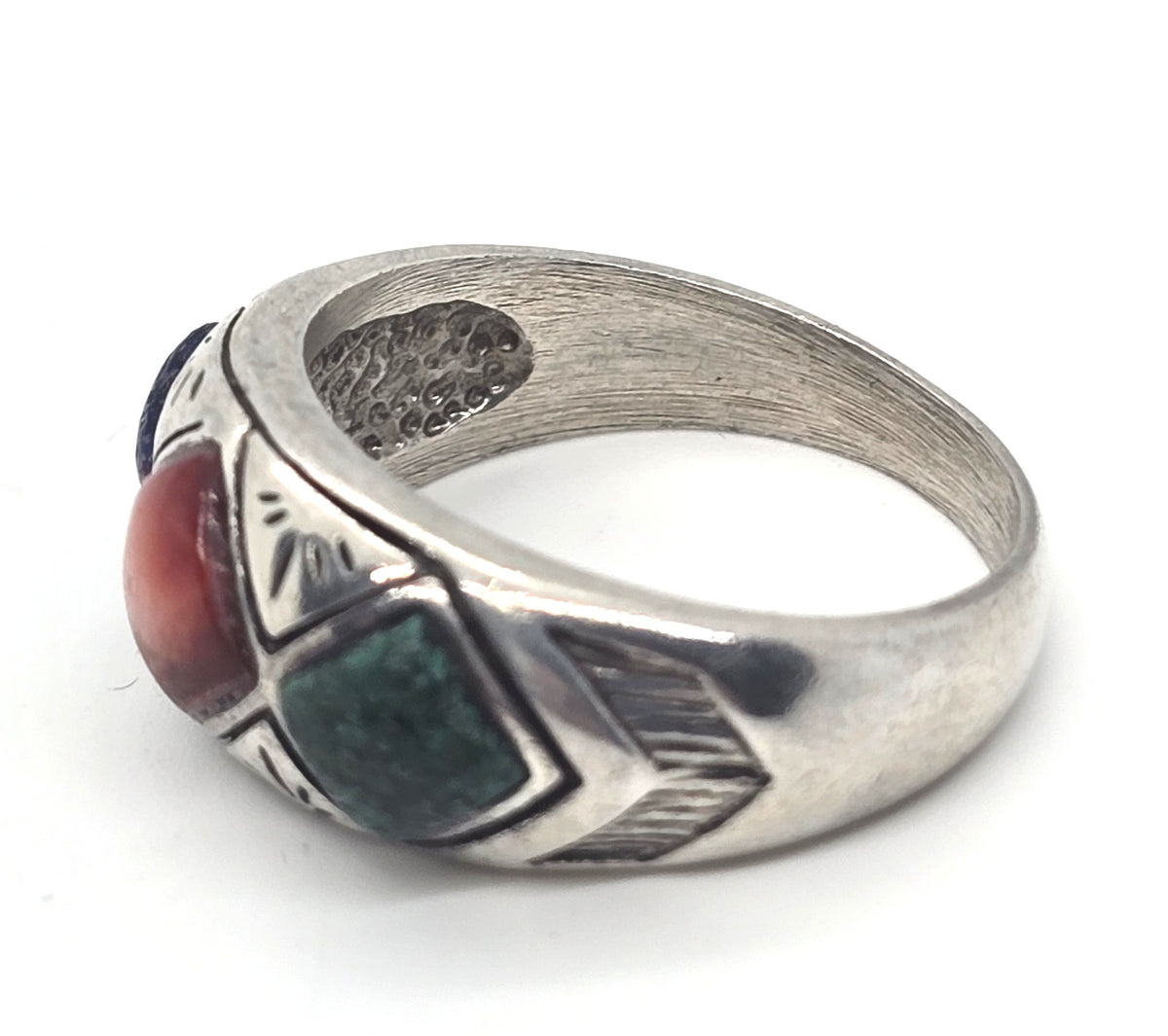 Southwestern multi Gemstone Inlay vintage Sterling Silver ring band size 8 1996