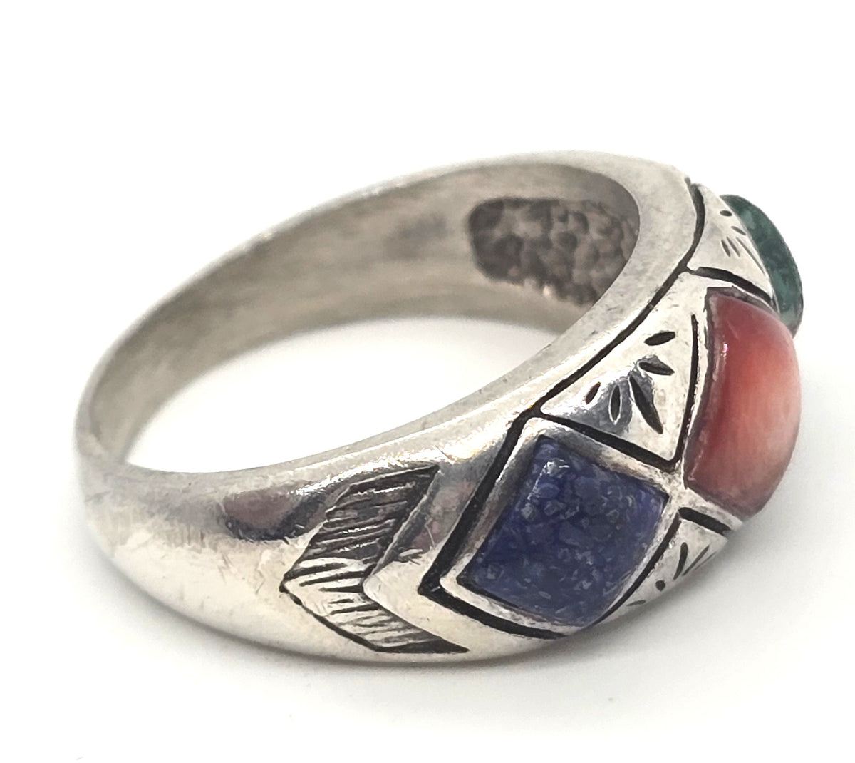 Southwestern multi Gemstone Inlay vintage Sterling Silver ring band size 8 1996