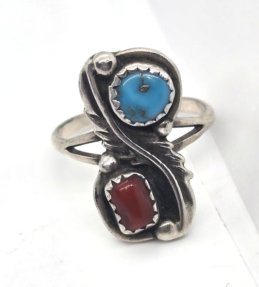 Dorothy Secatero Navajo Turquoise branch coral vintage Sterling Silver ring size 6