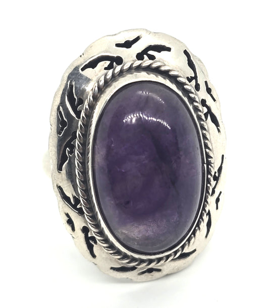 Mexican Amethyst Large dark Taxco vintage sterling silver ring size 8