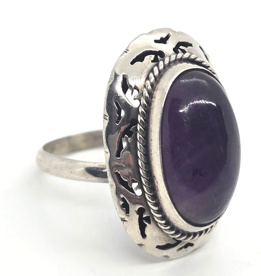 Mexican Amethyst Large dark Taxco vintage sterling silver ring size 8
