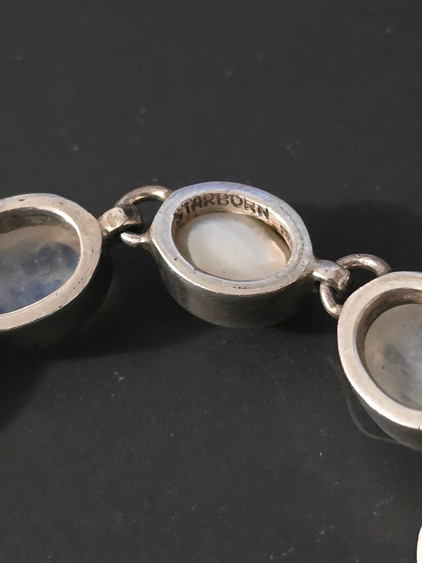 Starborn signed moonstone and pearl signed sterling silver 8" toggle bracelet