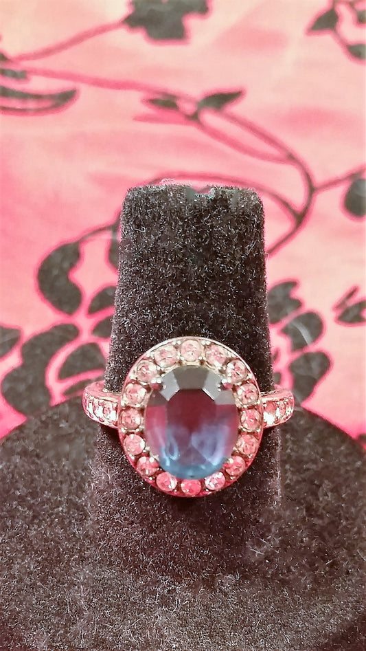 Aquamarine sterling silver CZ Cubic Zirconia halo setting vintage blue gemstone ring size 7