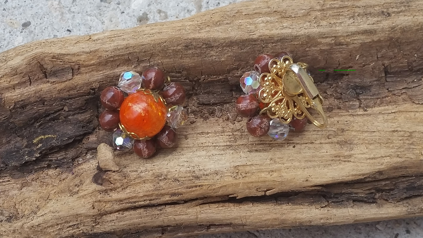 Austrian crystal orange crackle glass clip on vintage earrings fall jewelry
