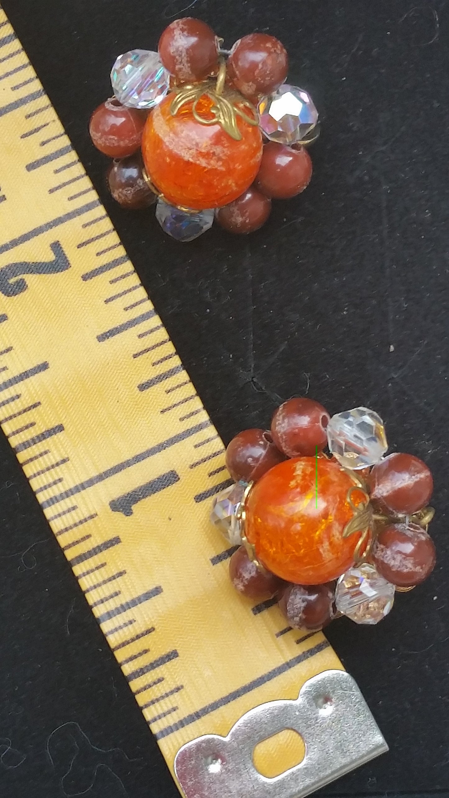 Austrian crystal orange crackle glass clip on vintage earrings fall jewelry