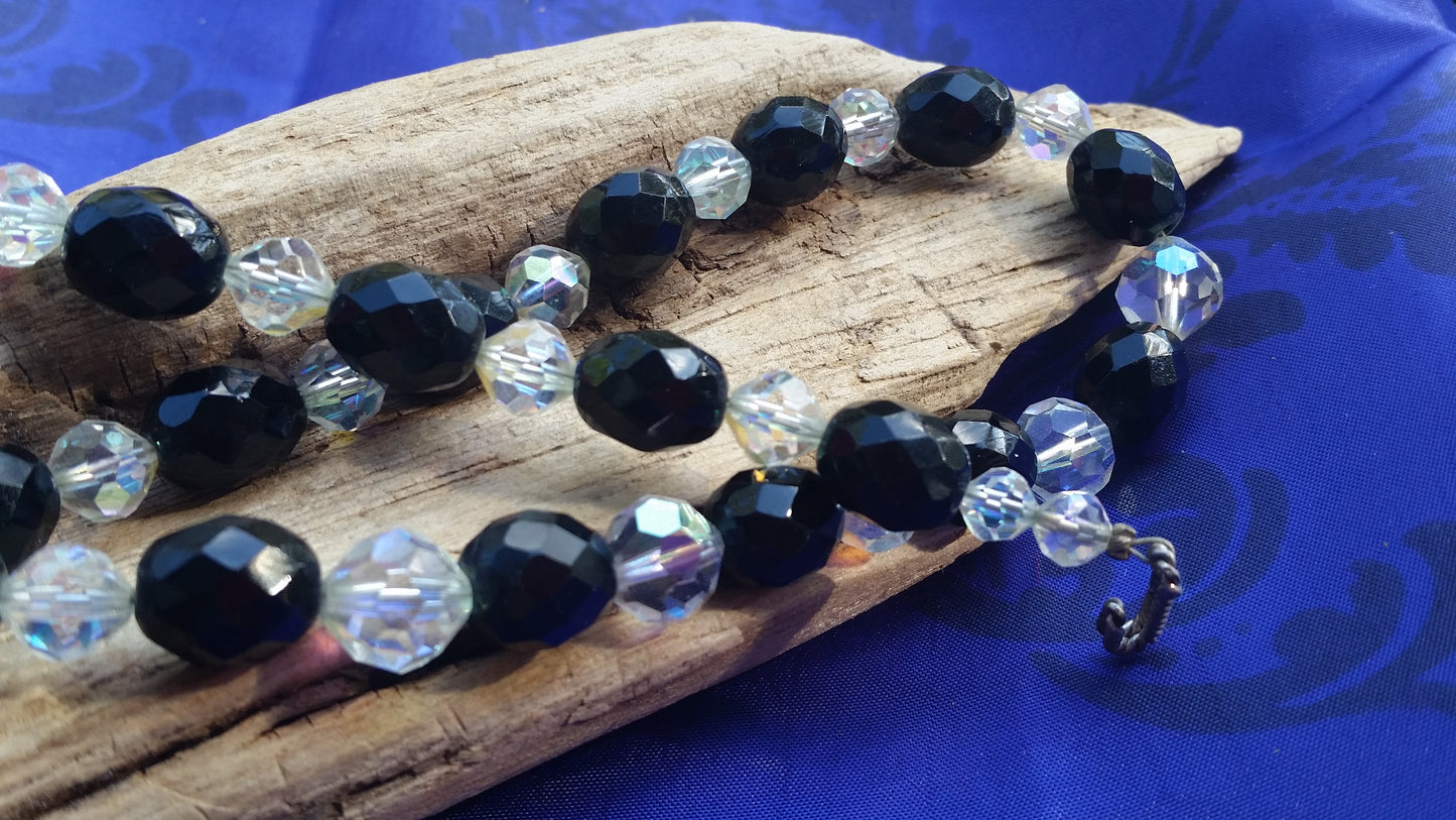 Austrian crystal jet black glass Aurora Borealis graduated vintage beaded necklace
