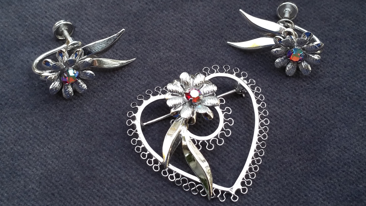 Jewels by Helen Star art sterling silver flower in heart Aurora Borealis vintage brooch and earrings