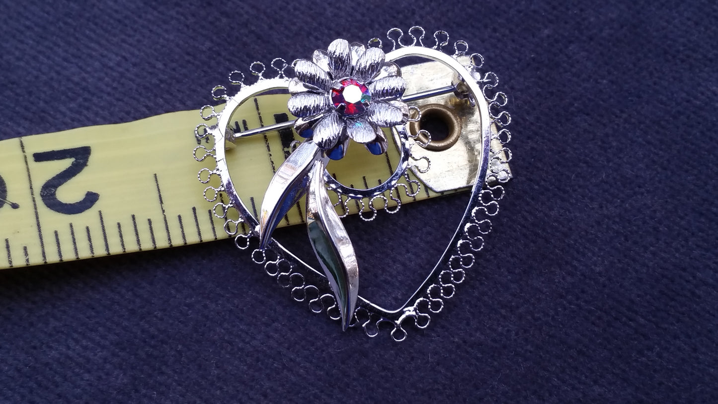 Jewels by Helen Star art sterling silver flower in heart Aurora Borealis vintage brooch and earrings