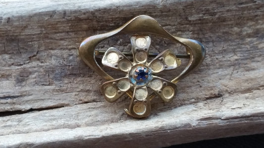 Blue rhinestone Art Nouveau flower brooch