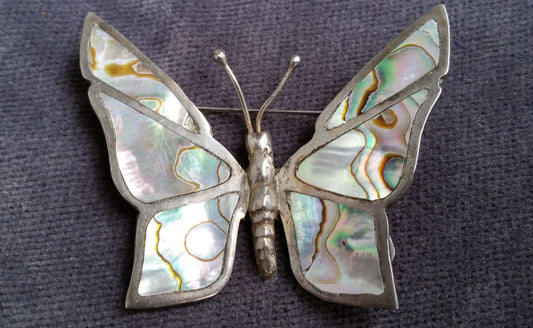 Cuernavaca sterling silver abalone shell butterfly vintage brooch
