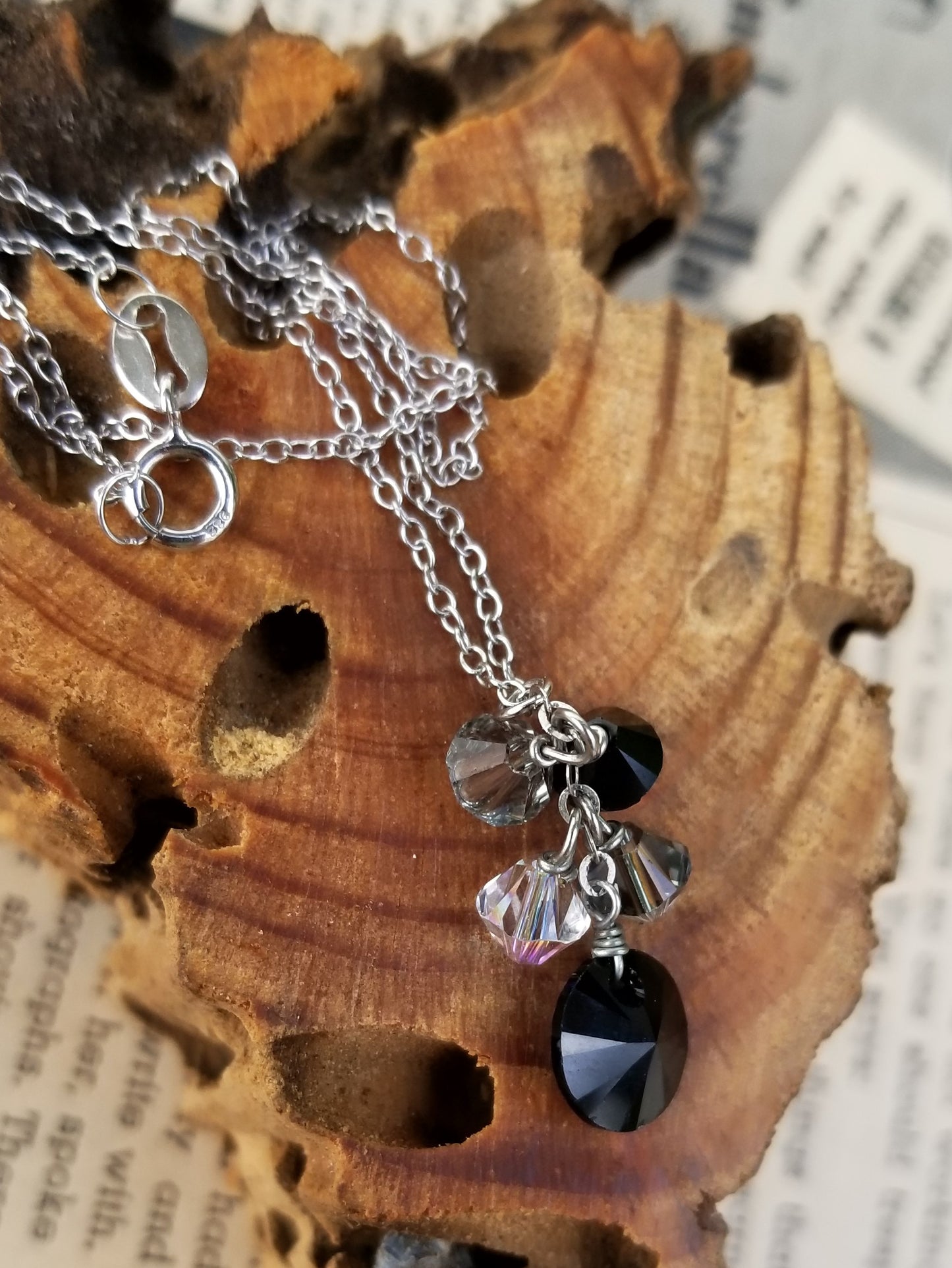 Aurora Borealis Black and white Austrian Crystal drop sterling silver necklace