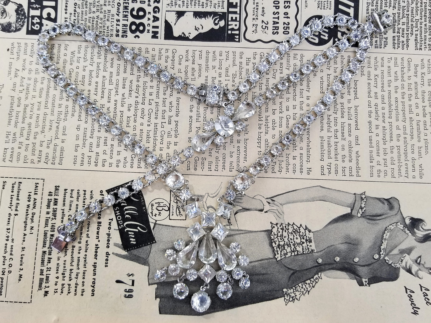 Art Deco open back bezel set gold filled demi parure cut crystal lariat necklace and bracelet set