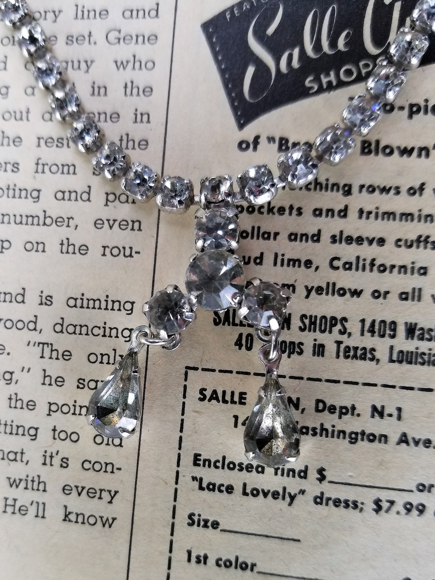 Teardrop vintage rhinestone princess necklace with safety chain