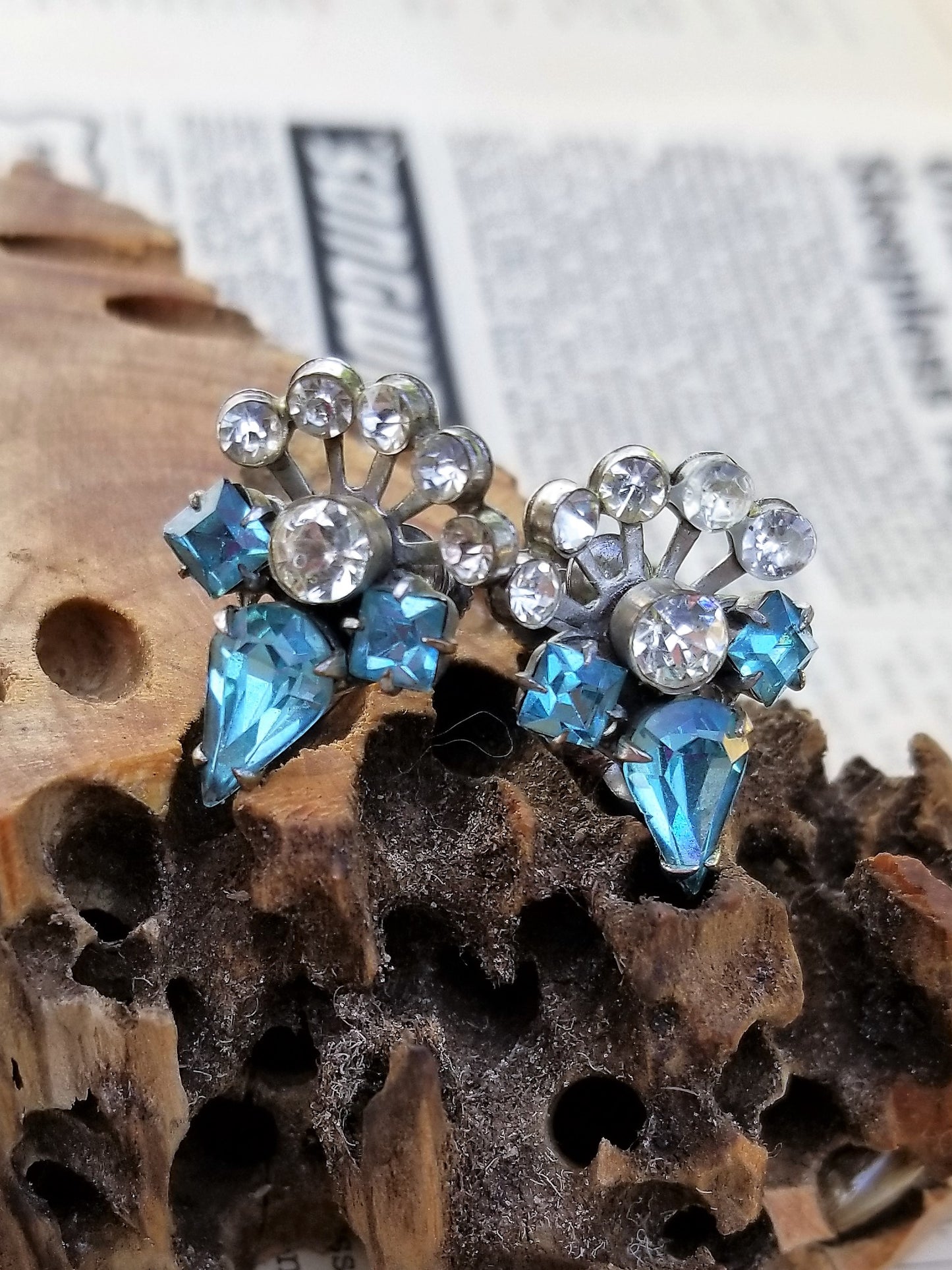 Art Deco Aqua blue tear drop and princess cut cluster Sterling silver screw back vintage earrings