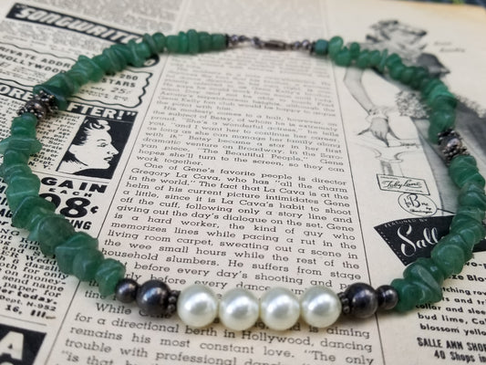 Green Aventurine chip sterling silver and pearl beaded necklace