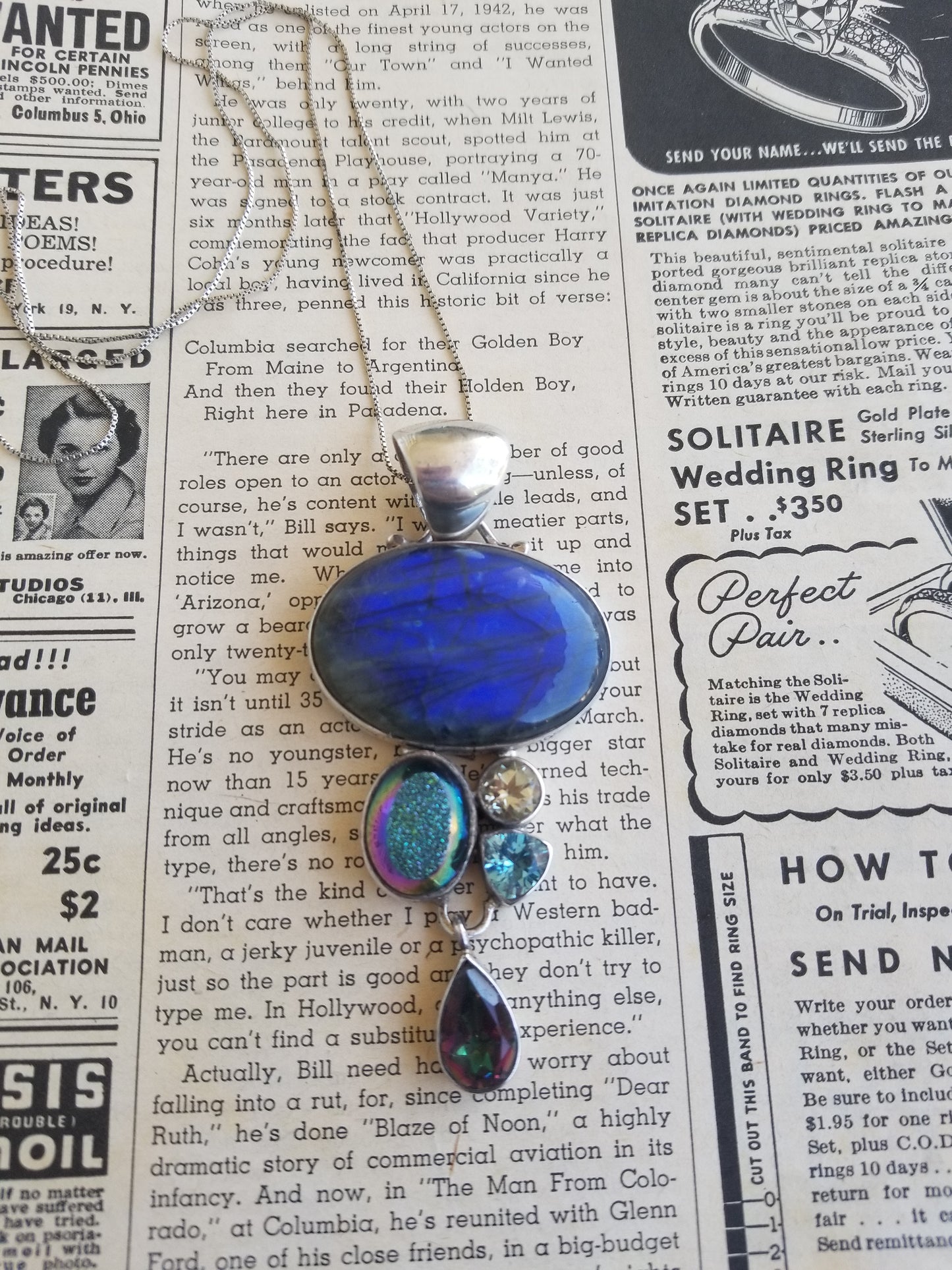 Flashy Labradorite, mystic topaz, druzy, aquamarine and quartz sterling silver SJ925 necklace