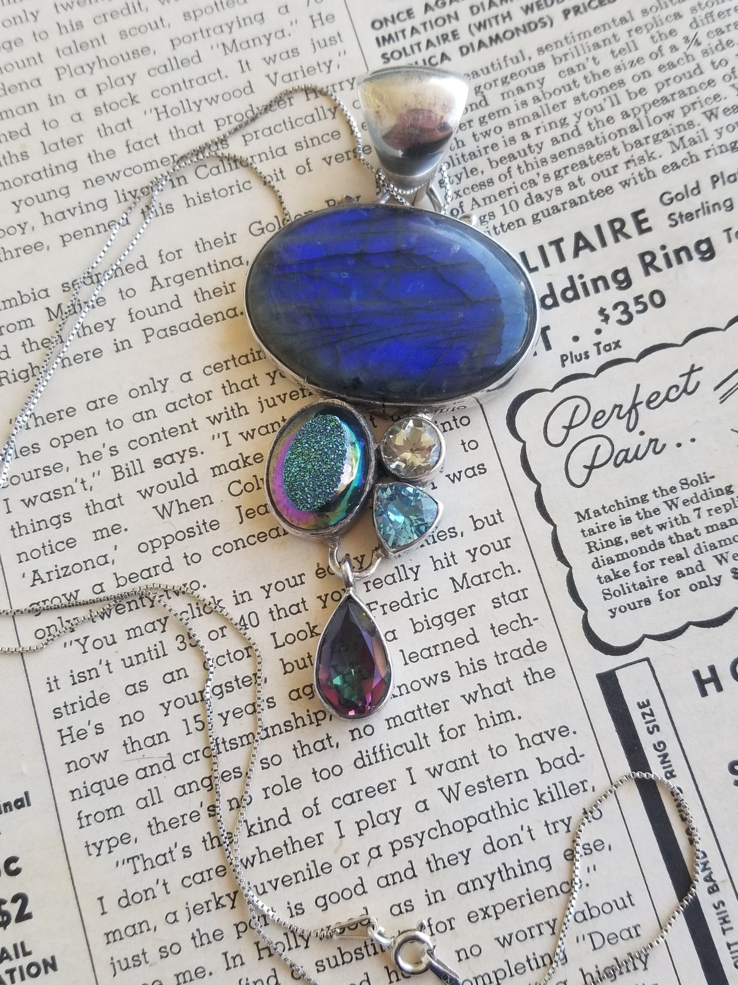 Flashy Labradorite, mystic topaz, druzy, aquamarine and quartz sterling silver SJ925 necklace