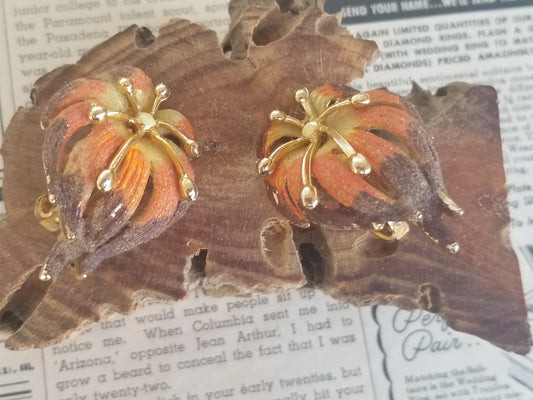 Vintage Denise signed Autumn fall sugared mid century clip on earrings