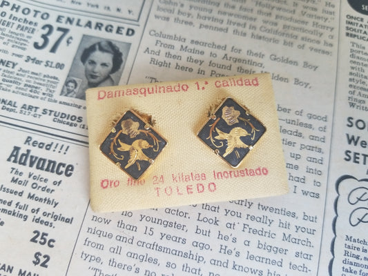 Damascene Toledo Spain vintage NWT clip on bird earrings
