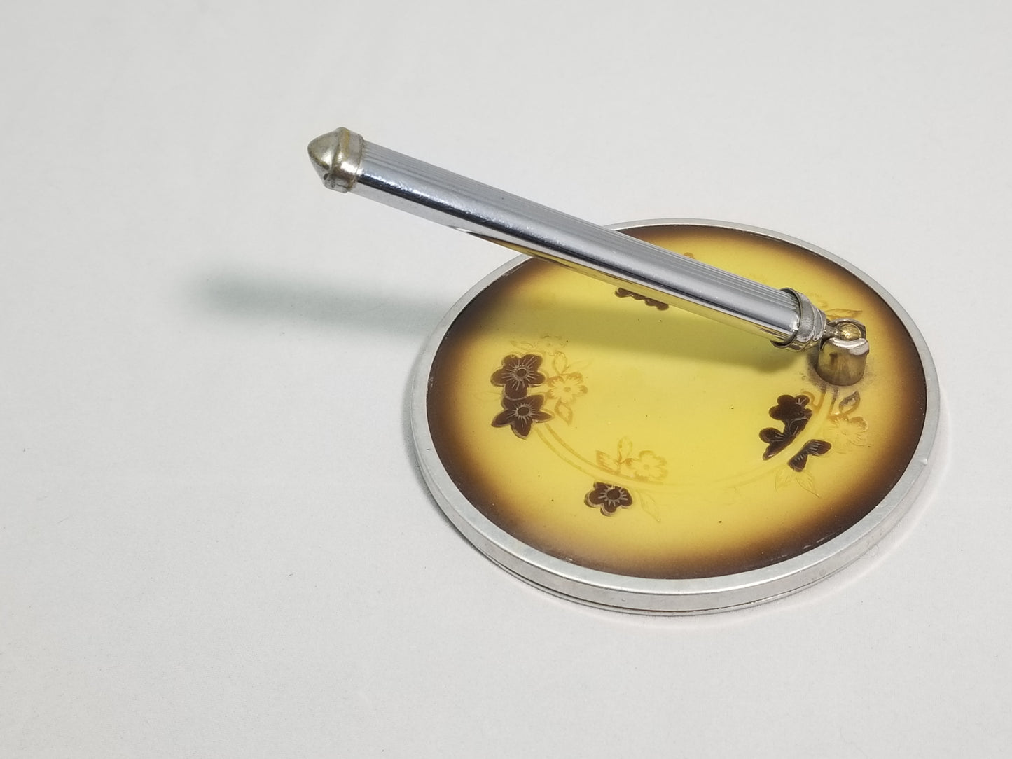 Vintage hinged yellow lucite flowers folding travel hand mirror collectable great condition