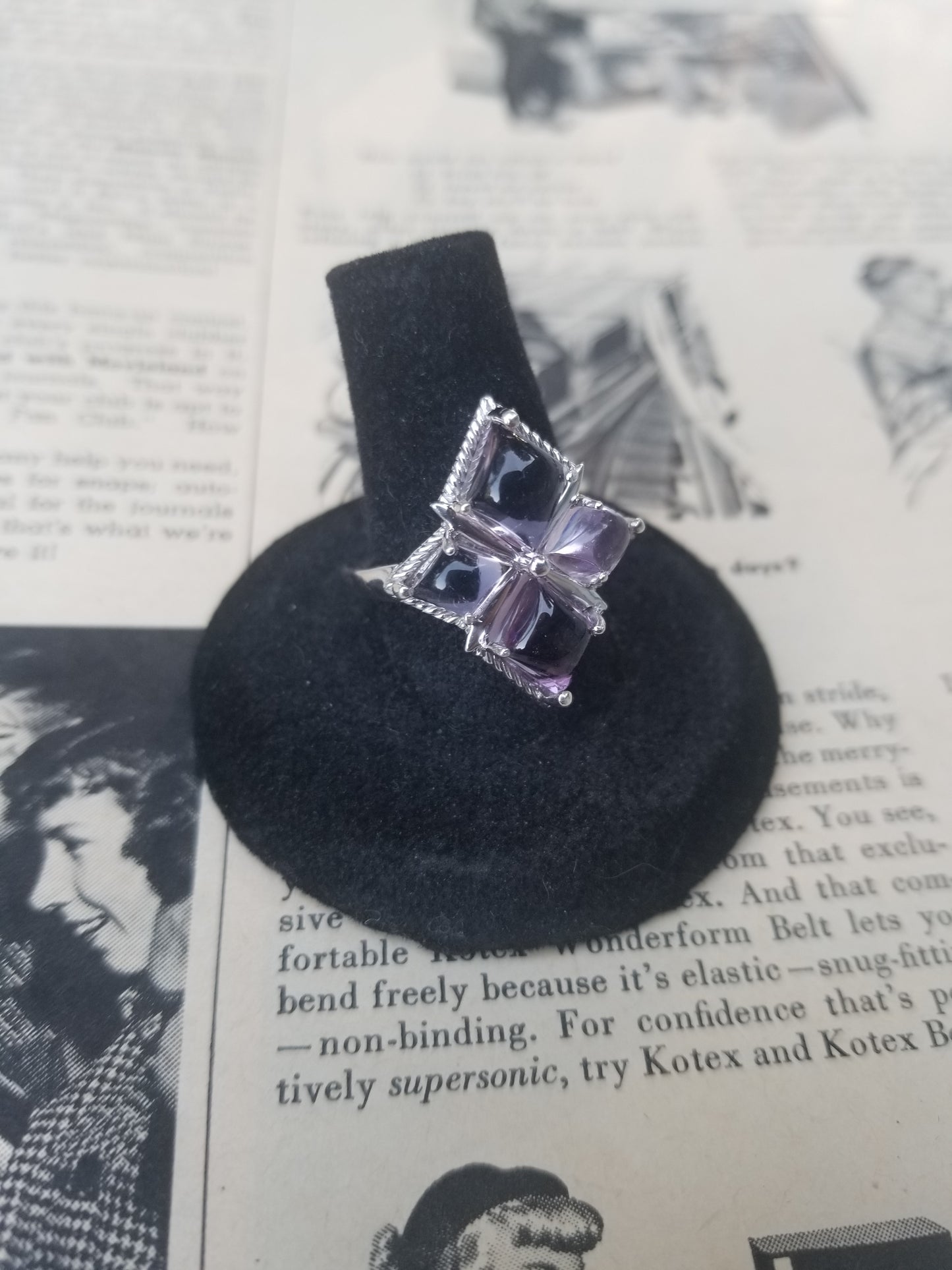 Amethyst 4 stone abstract sterling silver cocktail ring size 8 & 1/4