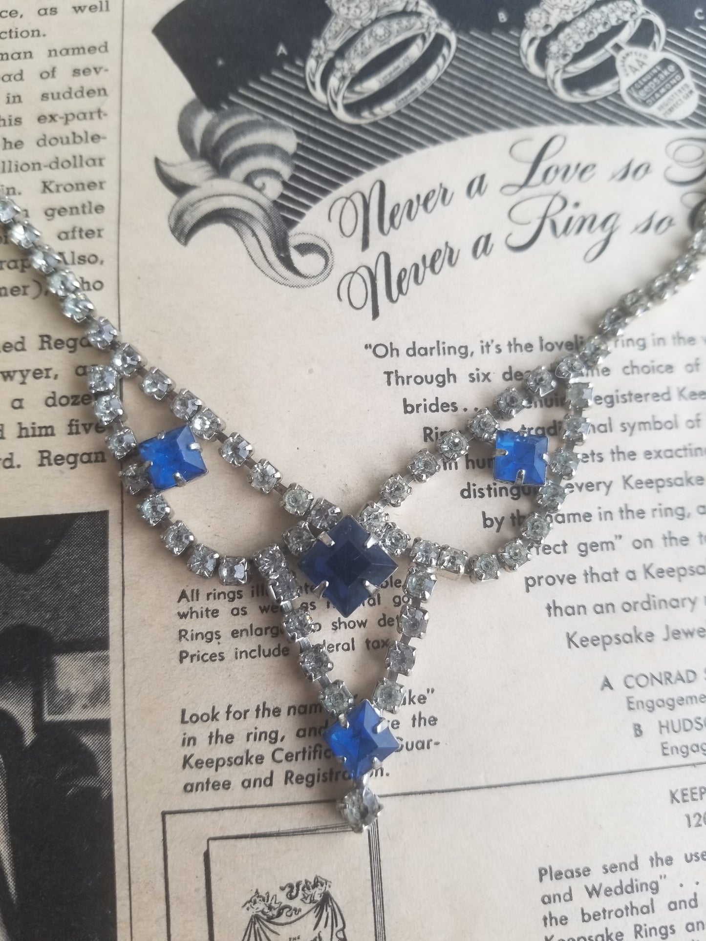 Something Blue Vintage sapphire blue princess cut rhinestone collar bib necklace