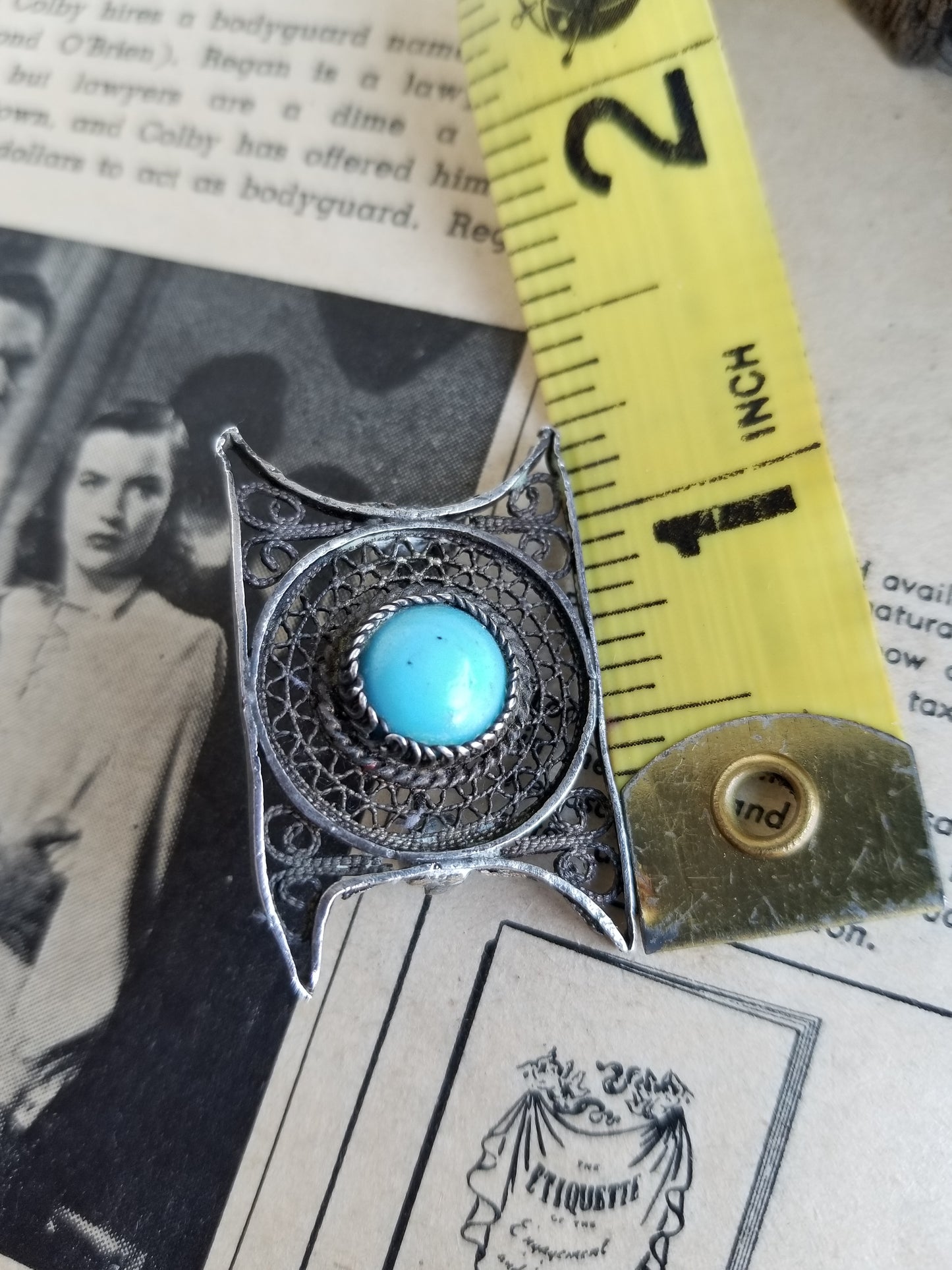 Victorian spun silver handmade turquoise antique brooch