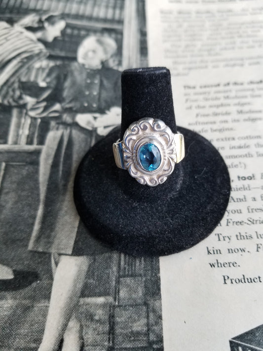 Antique Windam Art Nouveau Ice blue topaz 585 14k gold sterling silver ring size 7