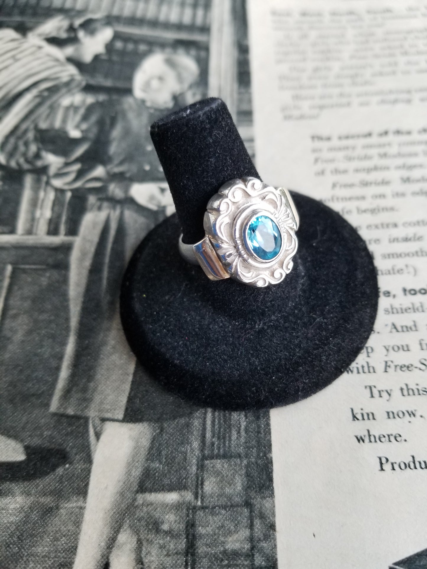 Antique Windam Art Nouveau Ice blue topaz 585 14k gold sterling silver ring size 7