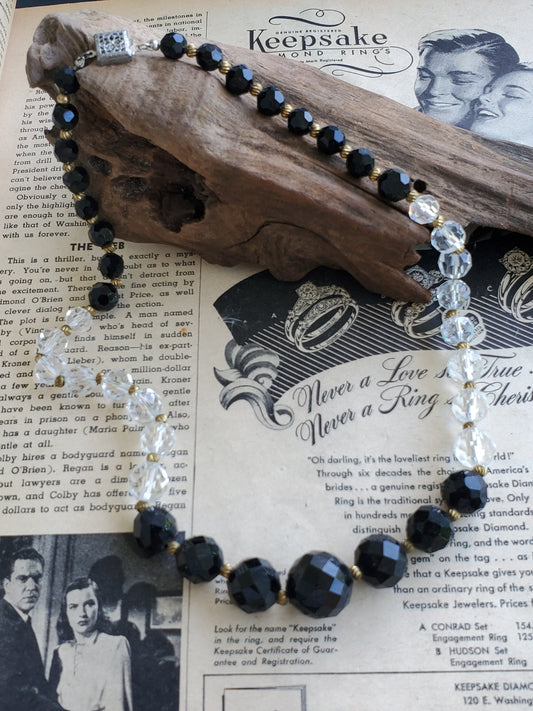 Antique cut crystal black and white beaded necklace with sterling clasp