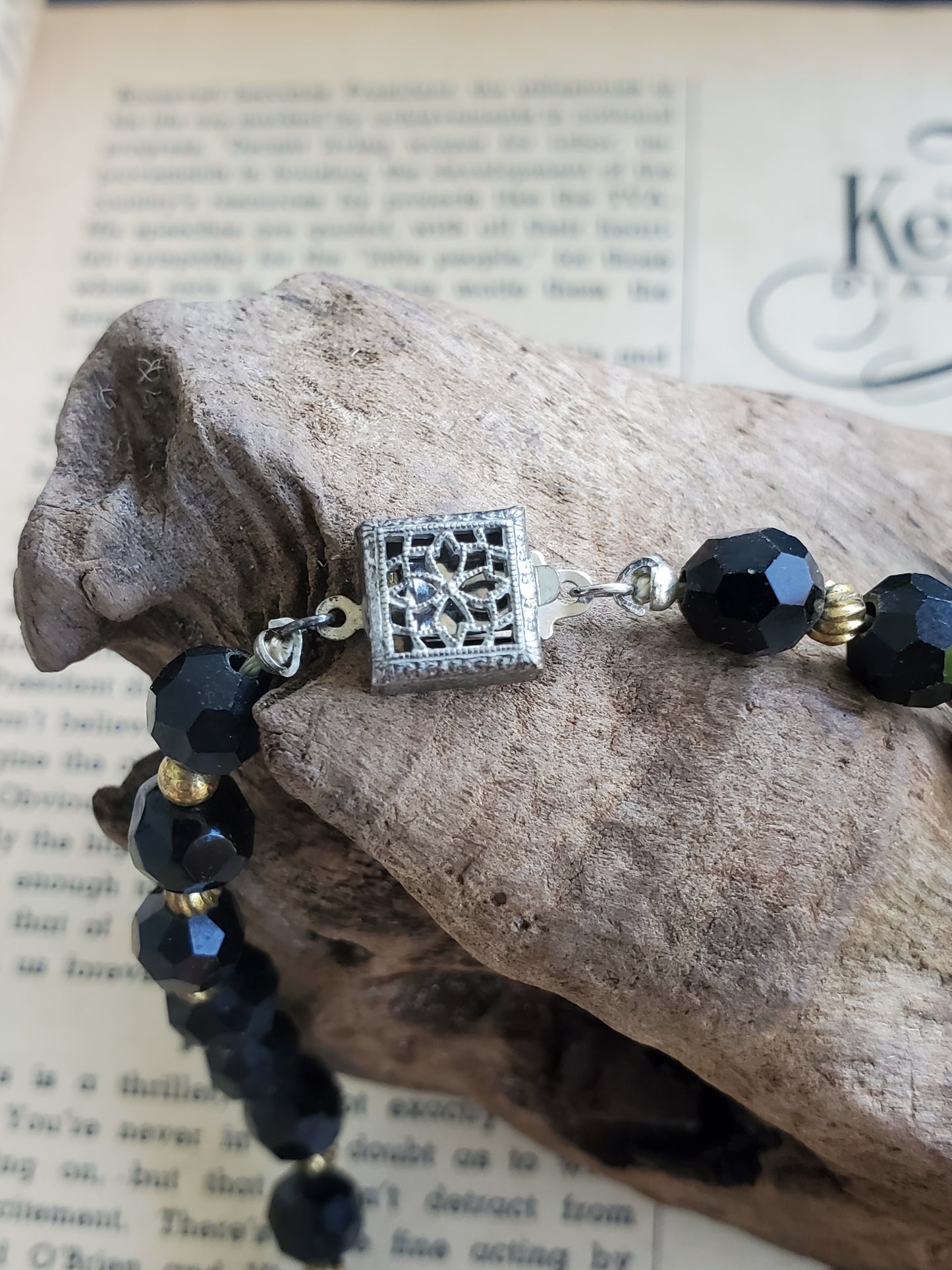 Antique cut crystal black and white beaded necklace with sterling clasp