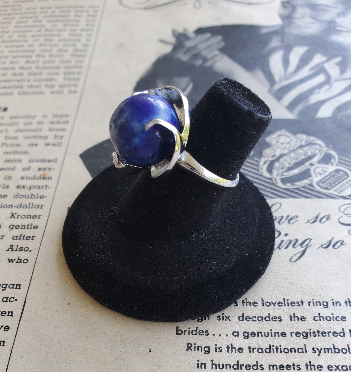 Clark and Coombs sterling silver and blue china Modernist 1950's vintage ring size 6