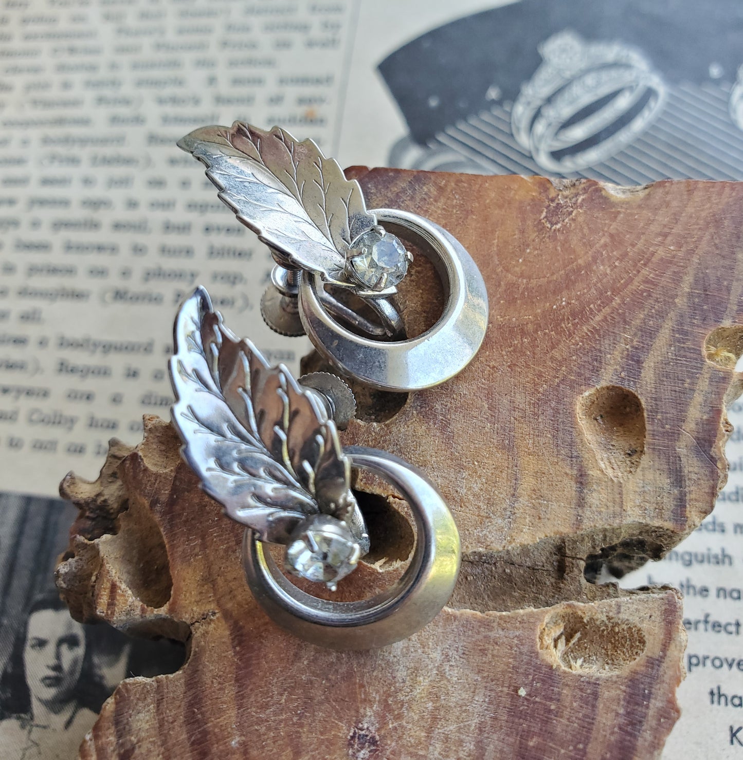 Alice signed screw back rhinestone leaf vintage earrings.