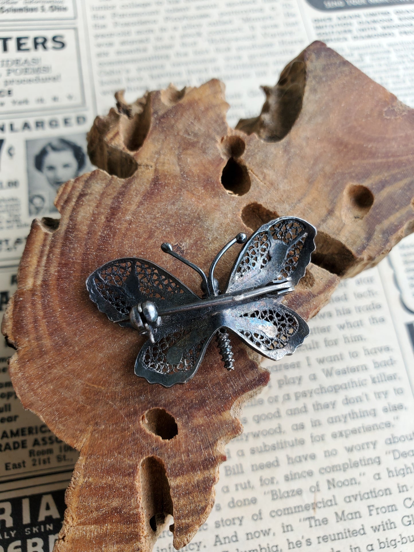 Baby blue and black enamel sterling silver butterfly antique brooch