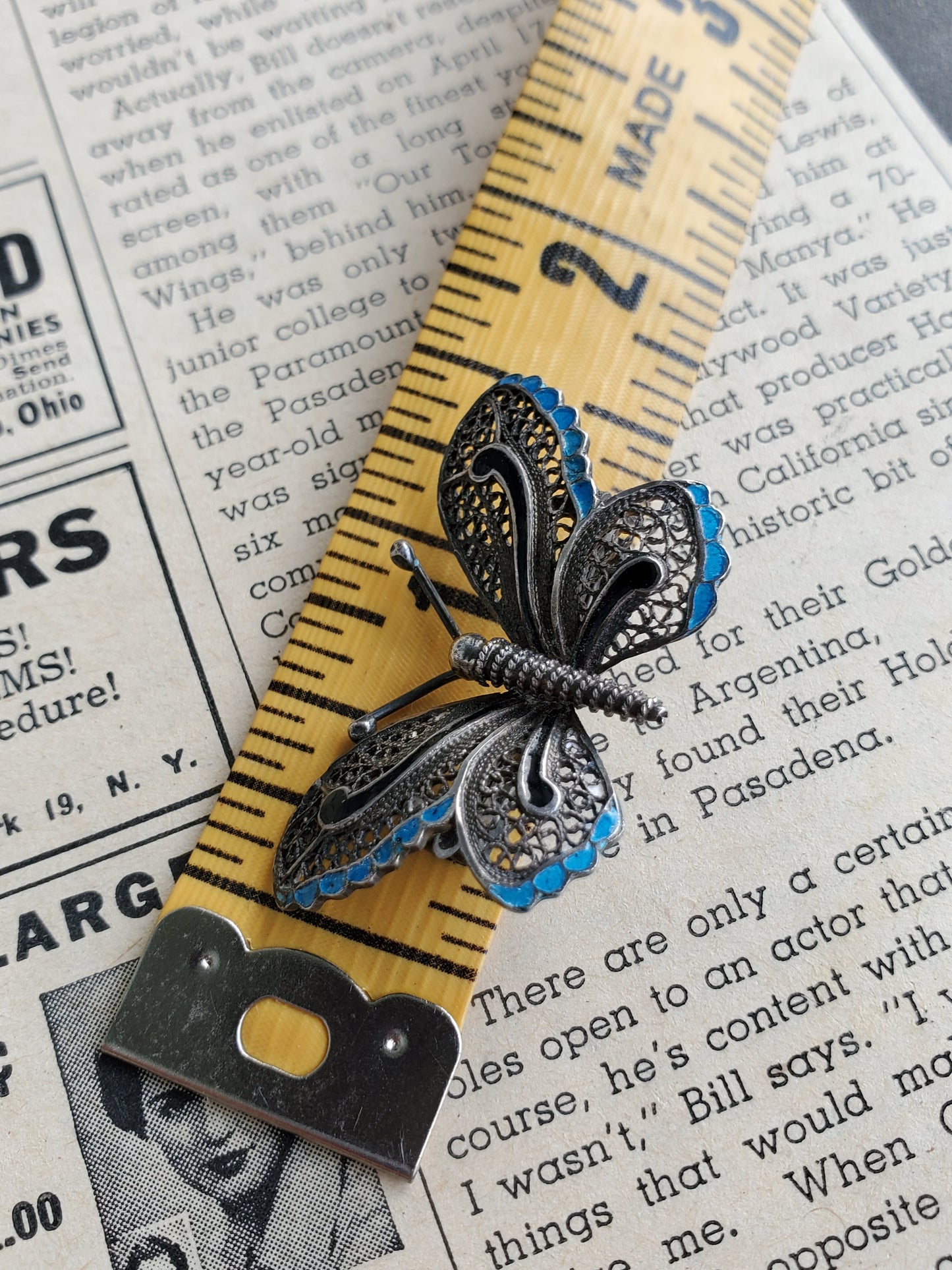 Baby blue and black enamel sterling silver butterfly antique brooch
