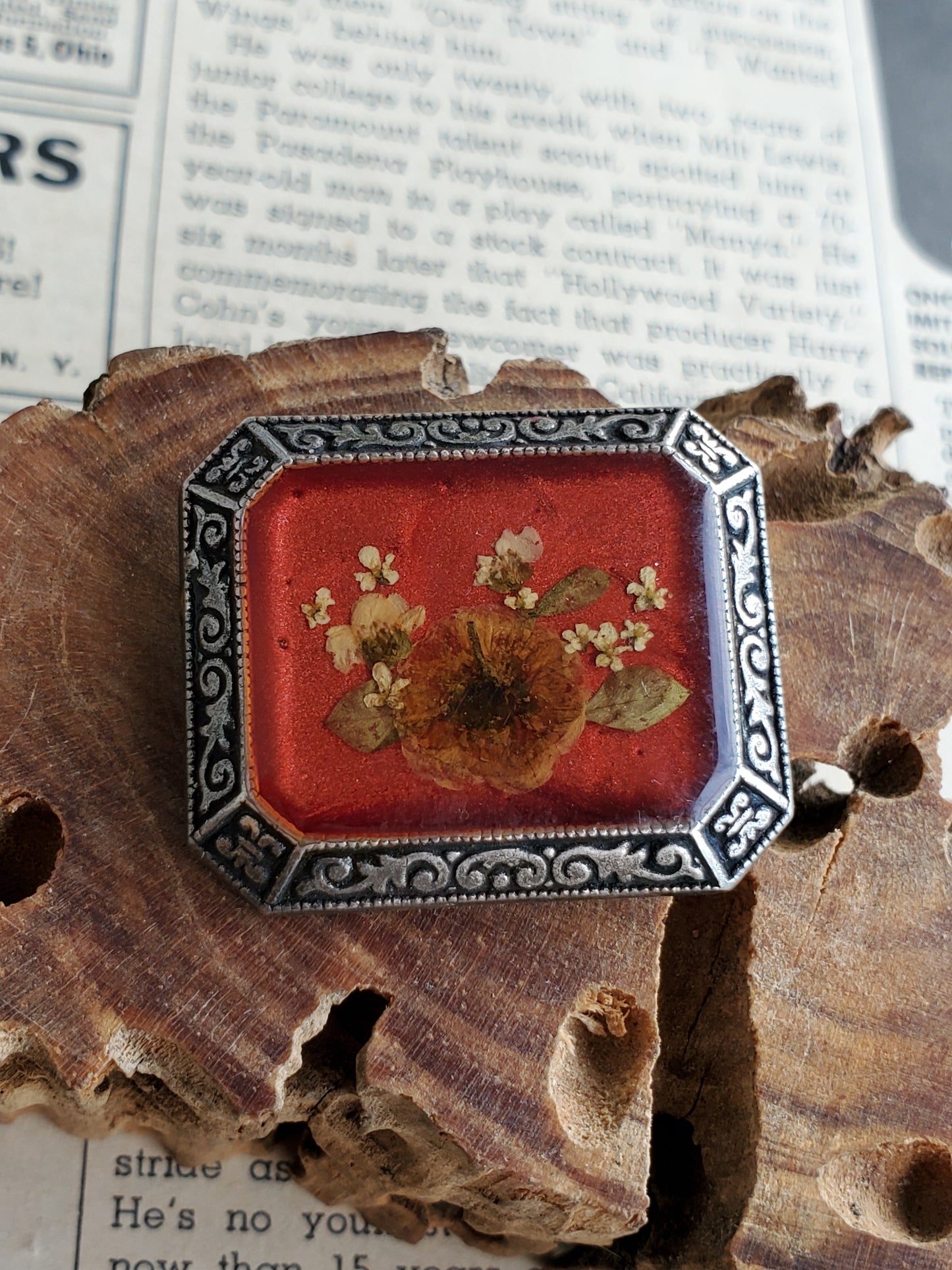 Victorian Milion Solis French pressed dried flower red guilloche antique brooch