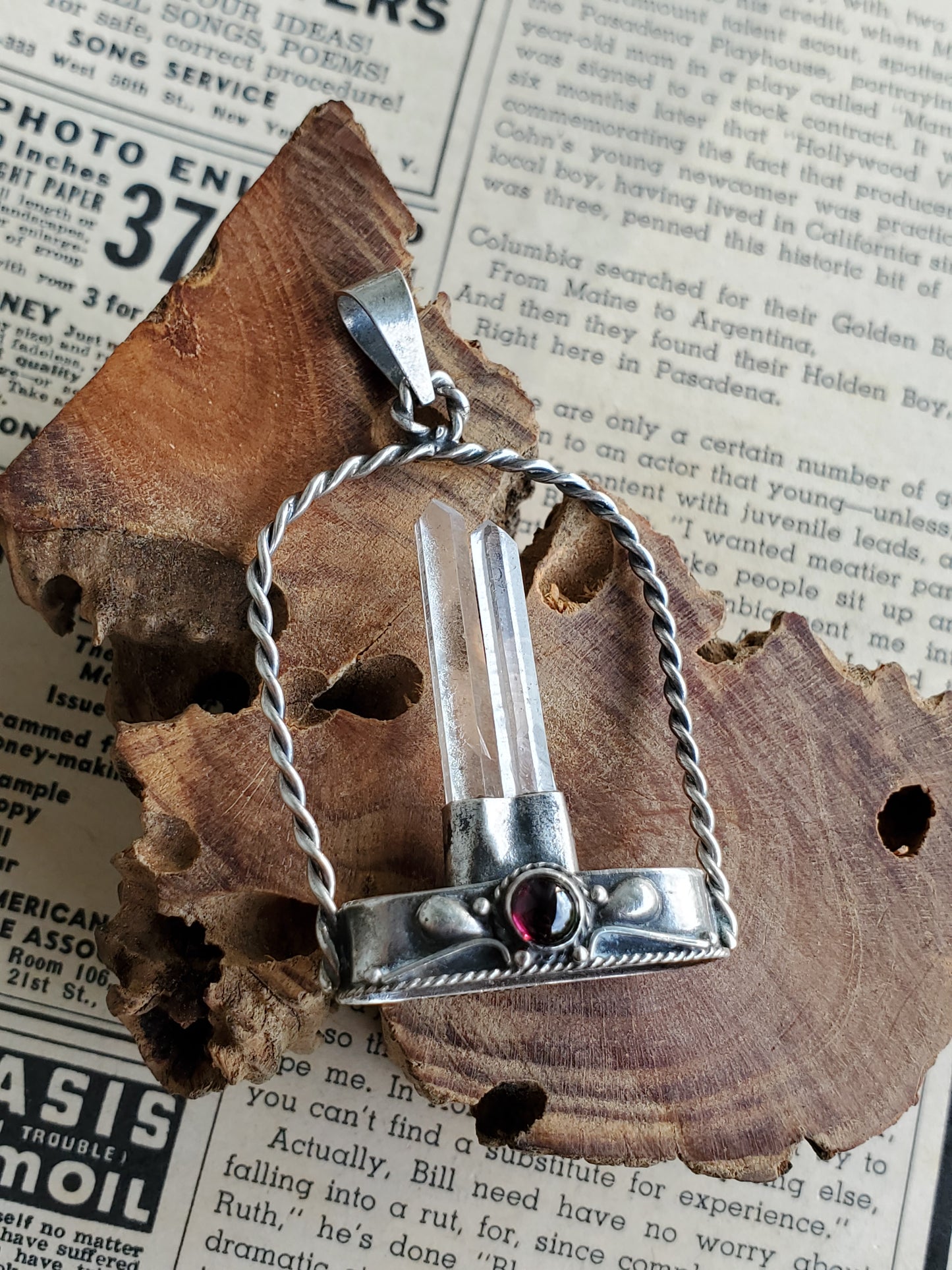 Twin terminated quartz point arch pendant sterling silver with pink tourmaline cab