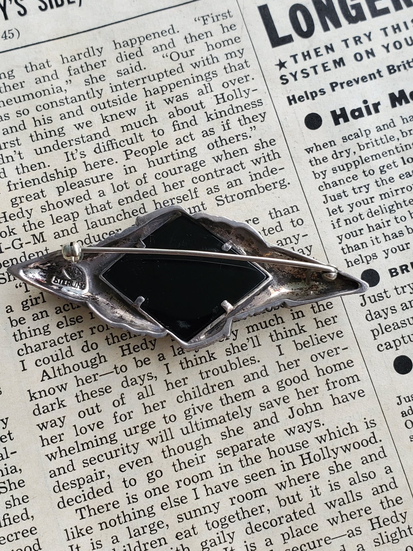 Judith Jack Onyx and Marcasite sterling silver signed vintage brooch