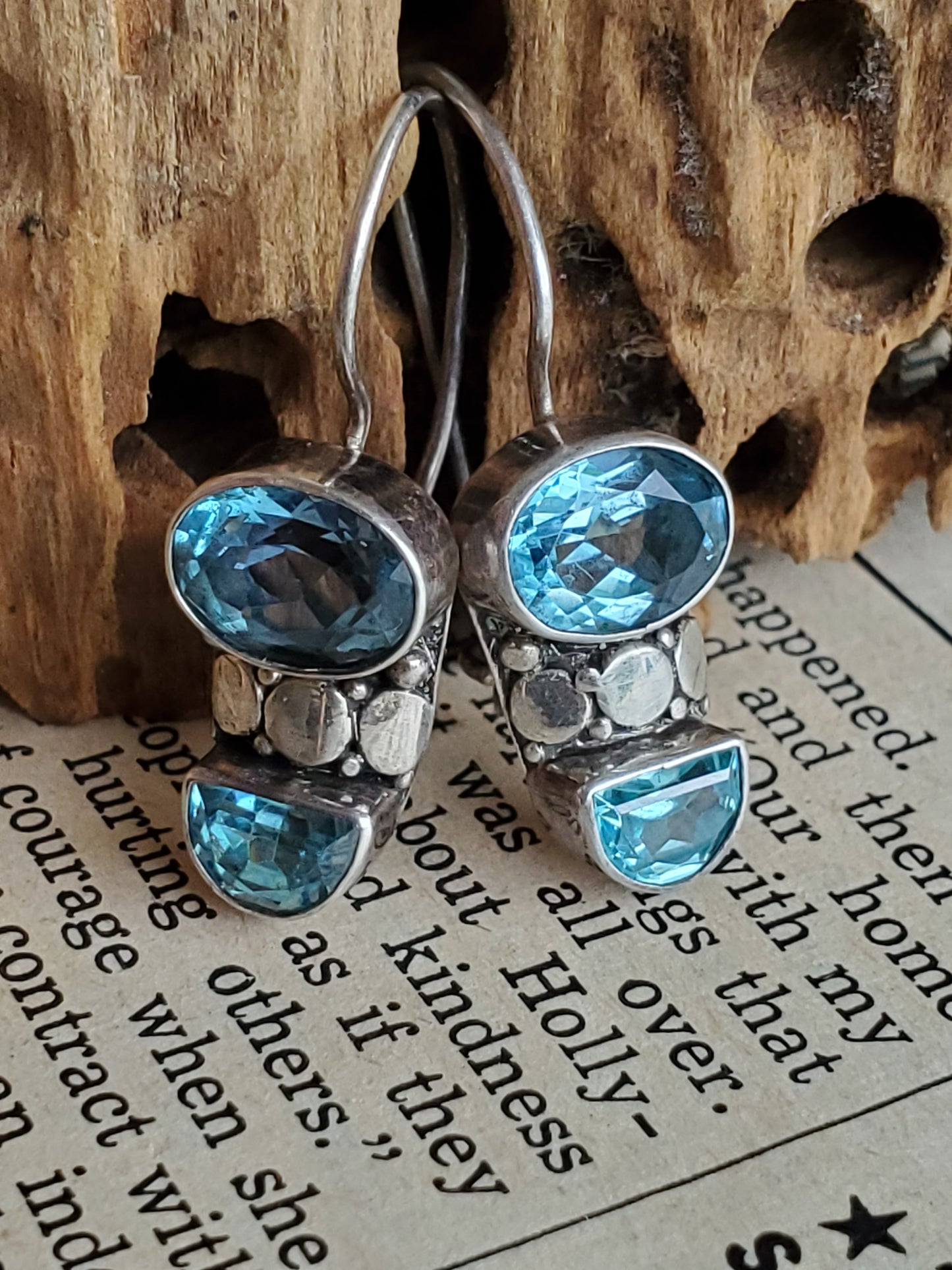 Bright blue Topaz bali sterling silver drop vintage gemstone earrings