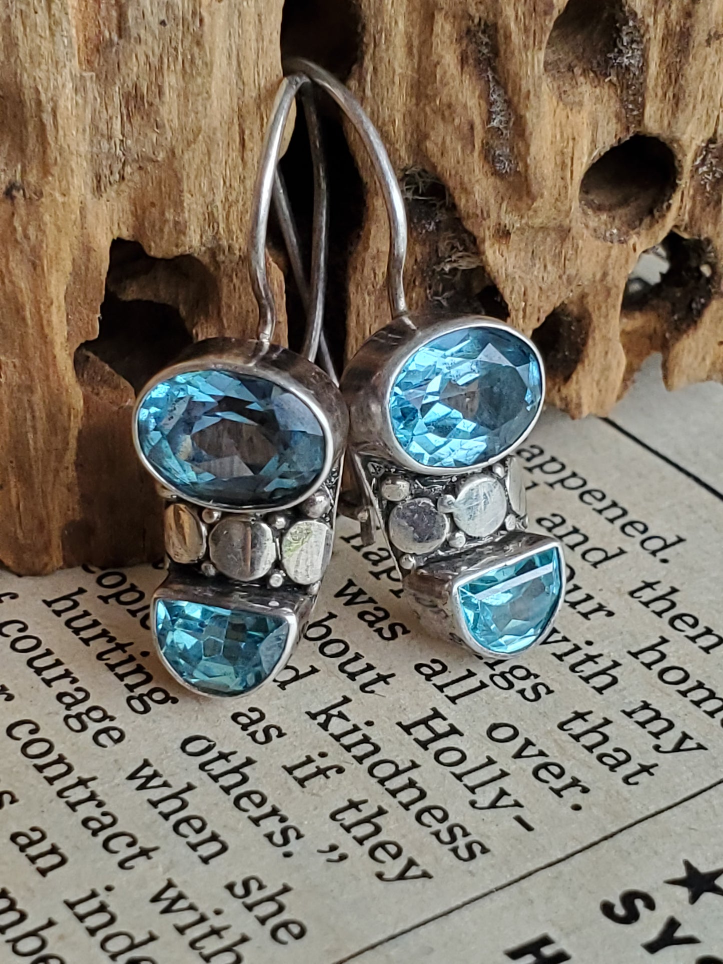 Bright blue Topaz bali sterling silver drop vintage gemstone earrings