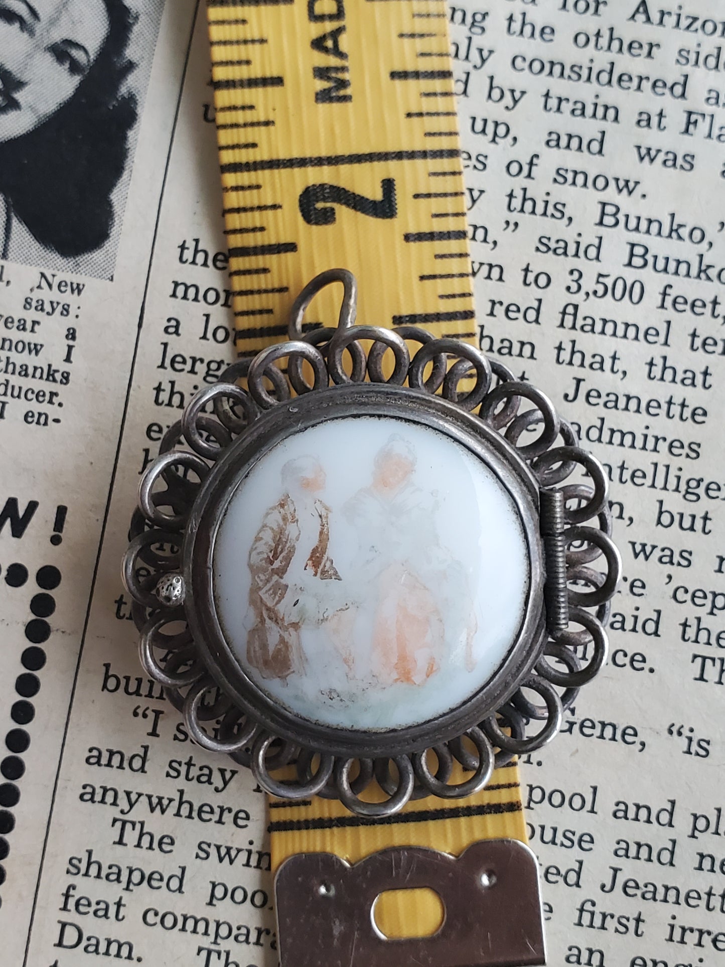 Mexico JA sterling silver vintage locket pendant brooch with painted porcelain Victorian couple