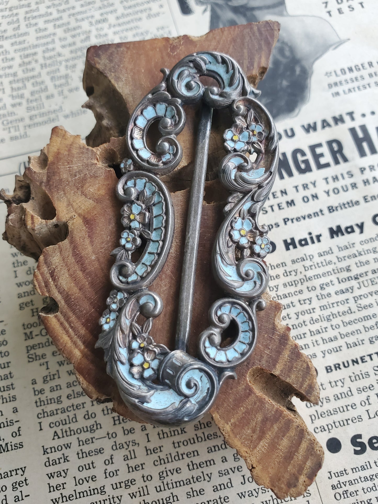 Victorian Baby blue Enamel painted sterling silver floral vintage sash ribbon buckle
