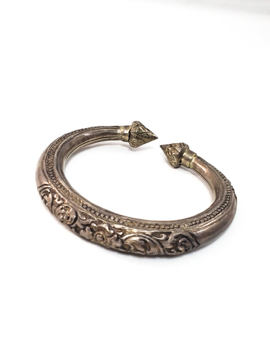 Ethnic Asian Lotus Flower Hill Tribe Golden Triangle antique 20th century sterling silver cuff bracelet