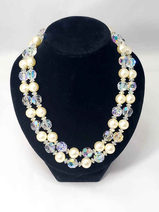 Mid century double strand faux pearl and Aurora borealis crystal beaded vintage necklace