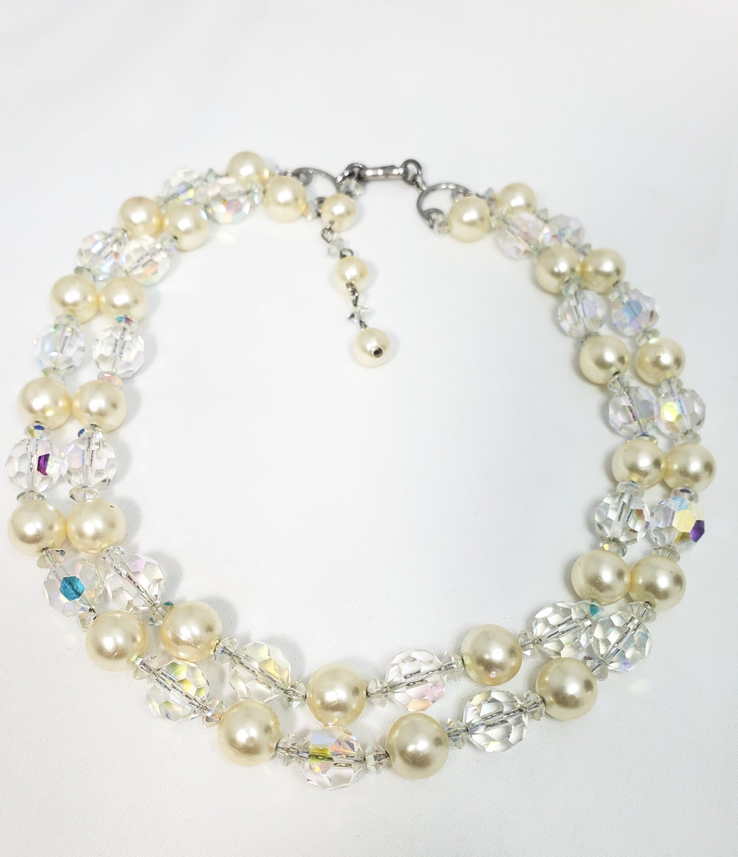 Mid century double strand faux pearl and Aurora borealis crystal beaded vintage necklace